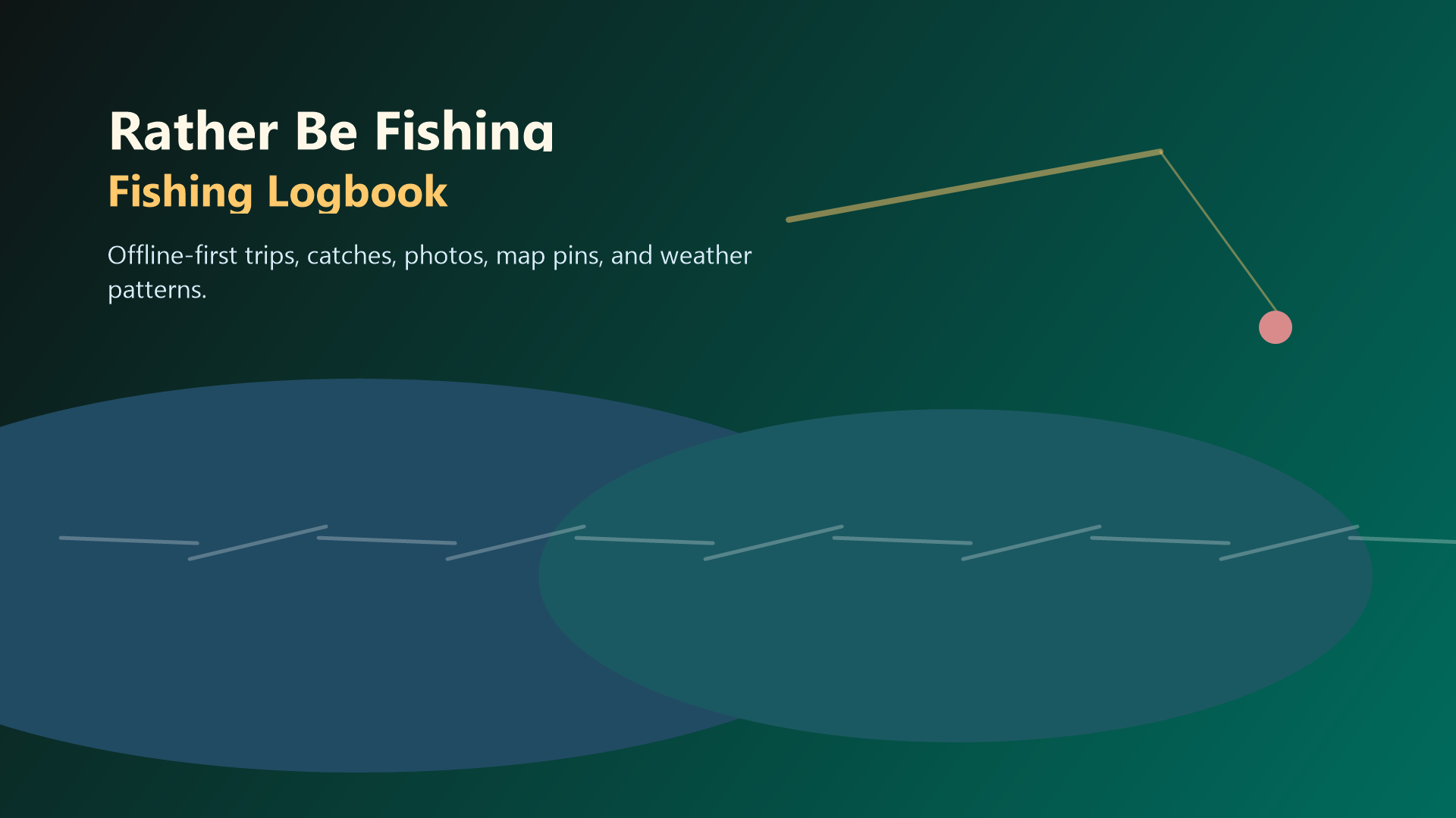 Fishing Logbook hero graphic with fishing rod and water illustration