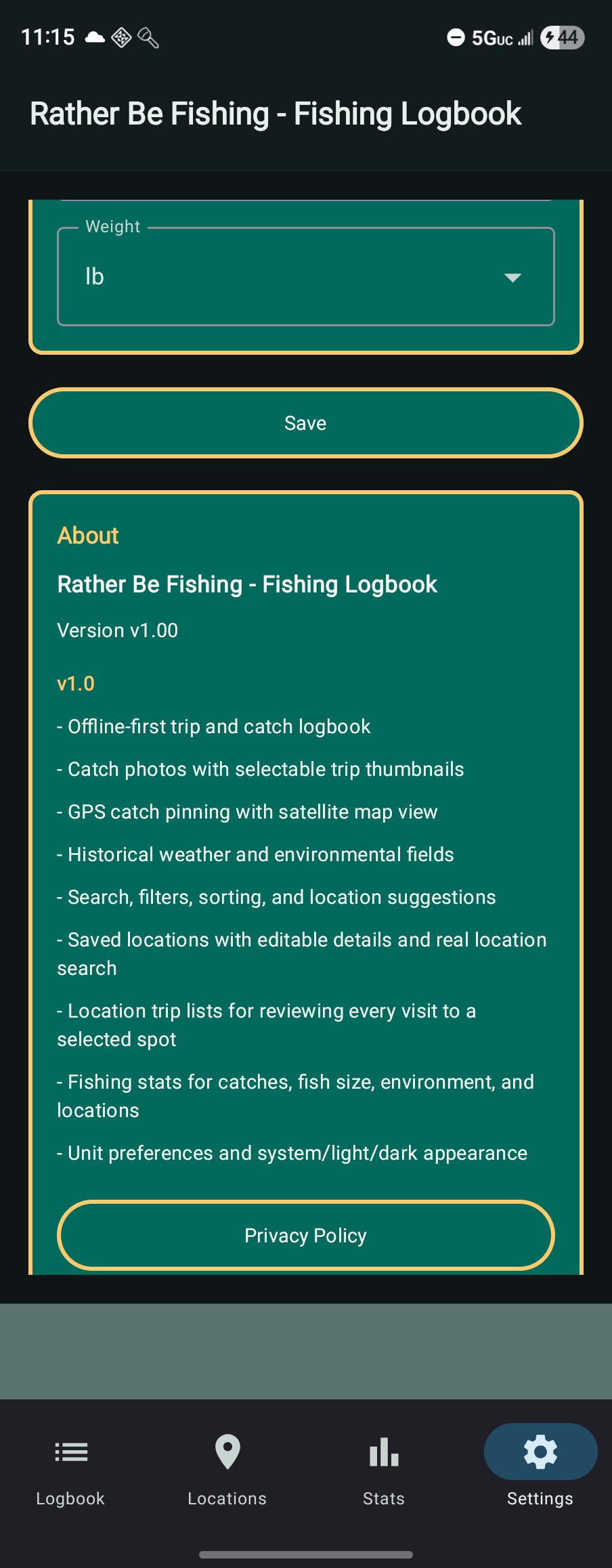 About section in settings