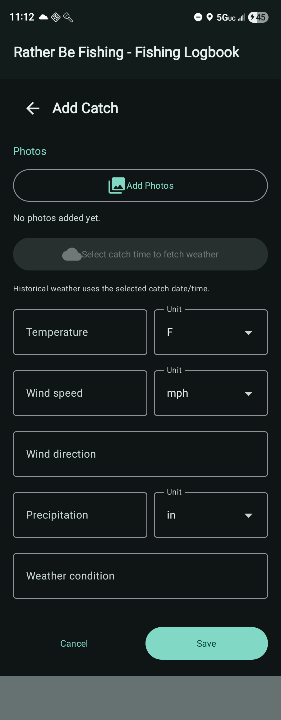 Edit catch weather and location screen